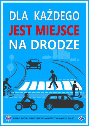 Zdjęcie przedstawia plakat promujący akcję &quot;Dla każdego jest miejsce na drodze&quot; na plakacie widoczne są sylwetki pieszych przejście dla pieszych motocykl oraz samochód, są to czarne sylwetki na niebieskim tle. W górnej części plakatu widnieje napis jak wyżej