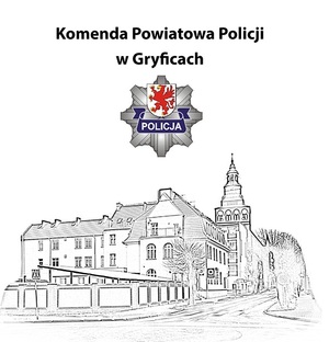 Zdjęcie przedstawia rycinę Komendy Powiatowej Policji w Gryficach widzianej od strony skrzyżowania ulic Mickiewicza i Kościuszki. W tle widać kościół pod wezwaniem NMP w Gryficach